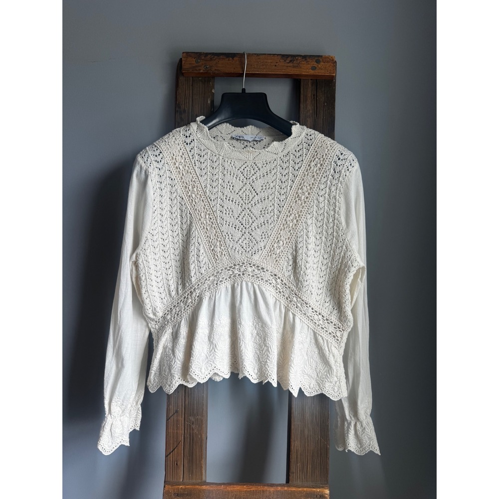 Zara Cream Knit Eyelet Lace Crochet  Boho Y2K Festival Top Large